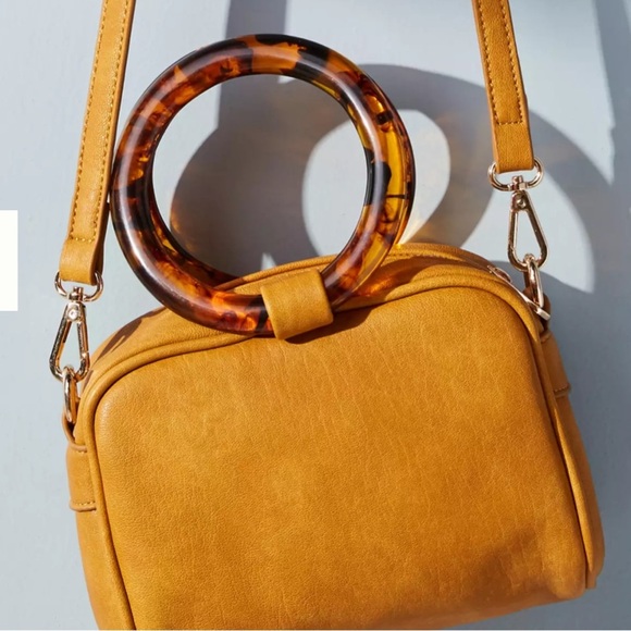 Lucite-Handled Mini Vegan Crossbody Bag Camel,/Tortoise Handle 7” x 6” - Picture 1 of 9